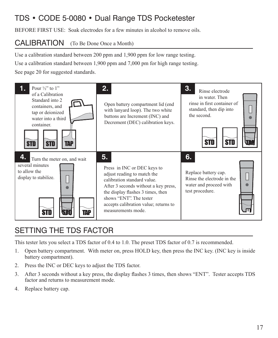 Calibration, Setting the tds factor | LaMotte AT Visual Series Water Softener Demo Kit User Manual | Page 17 / 24
