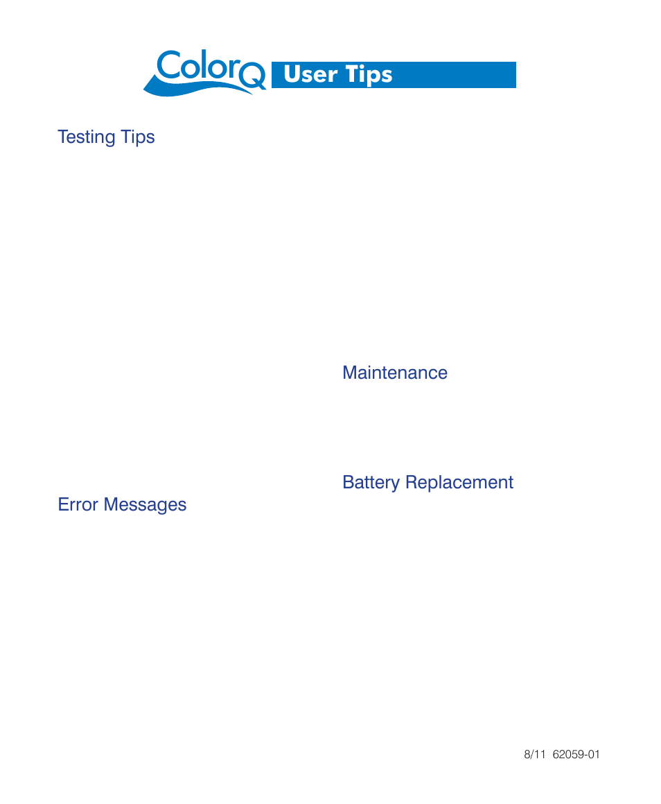 Color, User tips, Testing tips | Error messages, Maintenance, Battery replacement | LaMotte ATQ Digital Series Water Softener Demo Kit User Manual | Page 19 / 24