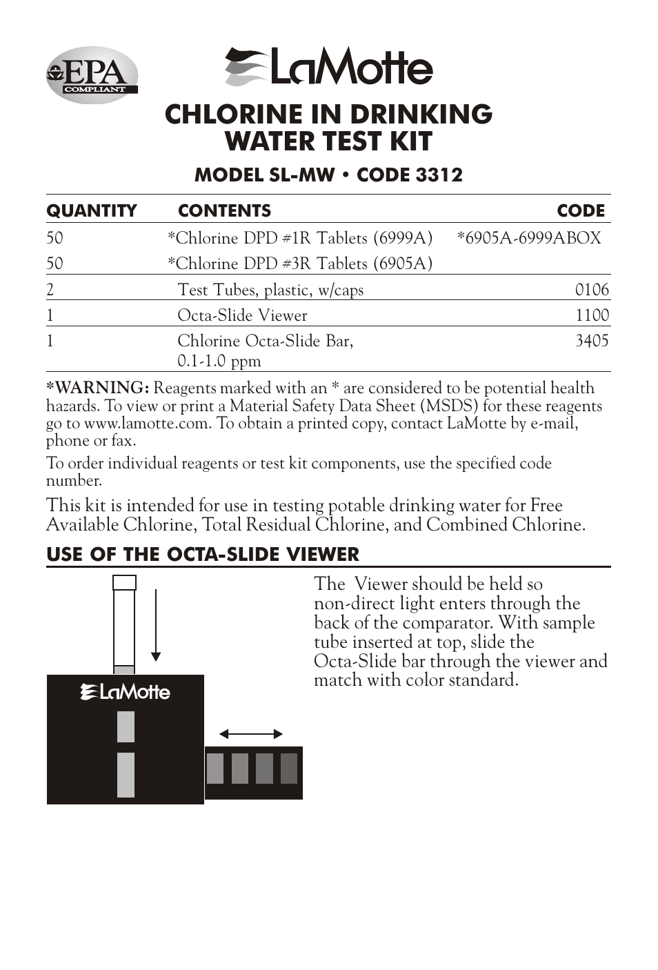 LaMotte CHLORINE IN DRINKING WATER TEST KIT SL-MW 3312 User Manual | 2 pages