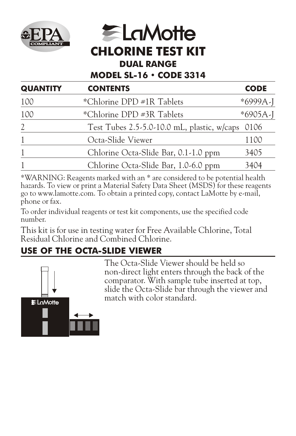 LaMotte CHLORINE TEST KIT DUAL RANGE SL-16 User Manual | 3 pages