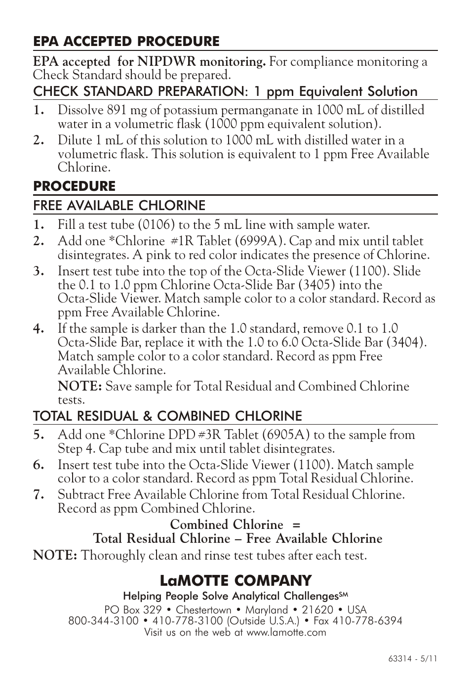 Lamotte com pany | LaMotte CHLORINE TEST KIT DUAL RANGE SL-16 User Manual | Page 2 / 3