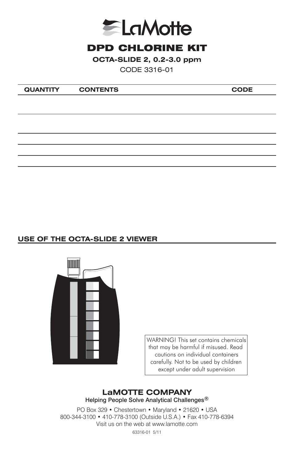 LaMotte DPD CHLORINE KIT SL-1 User Manual | 2 pages