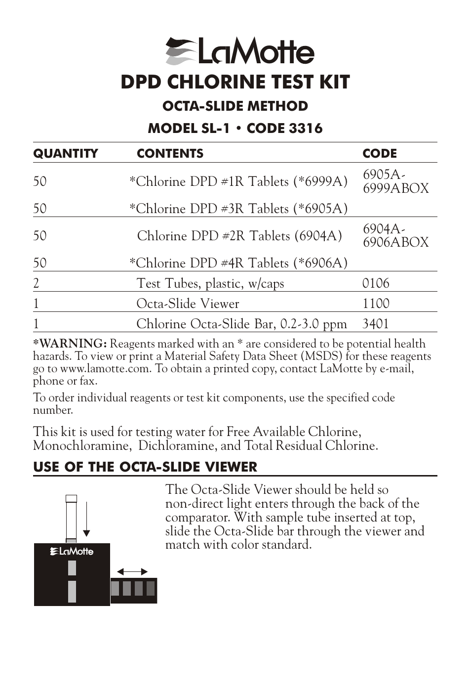 LaMotte DPD CHLORINE TEST KIT SL-1 User Manual | 4 pages