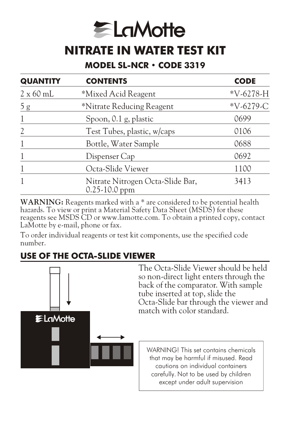 LaMotte NITRATE IN WATER TEST KIT SL-NCR User Manual | 2 pages