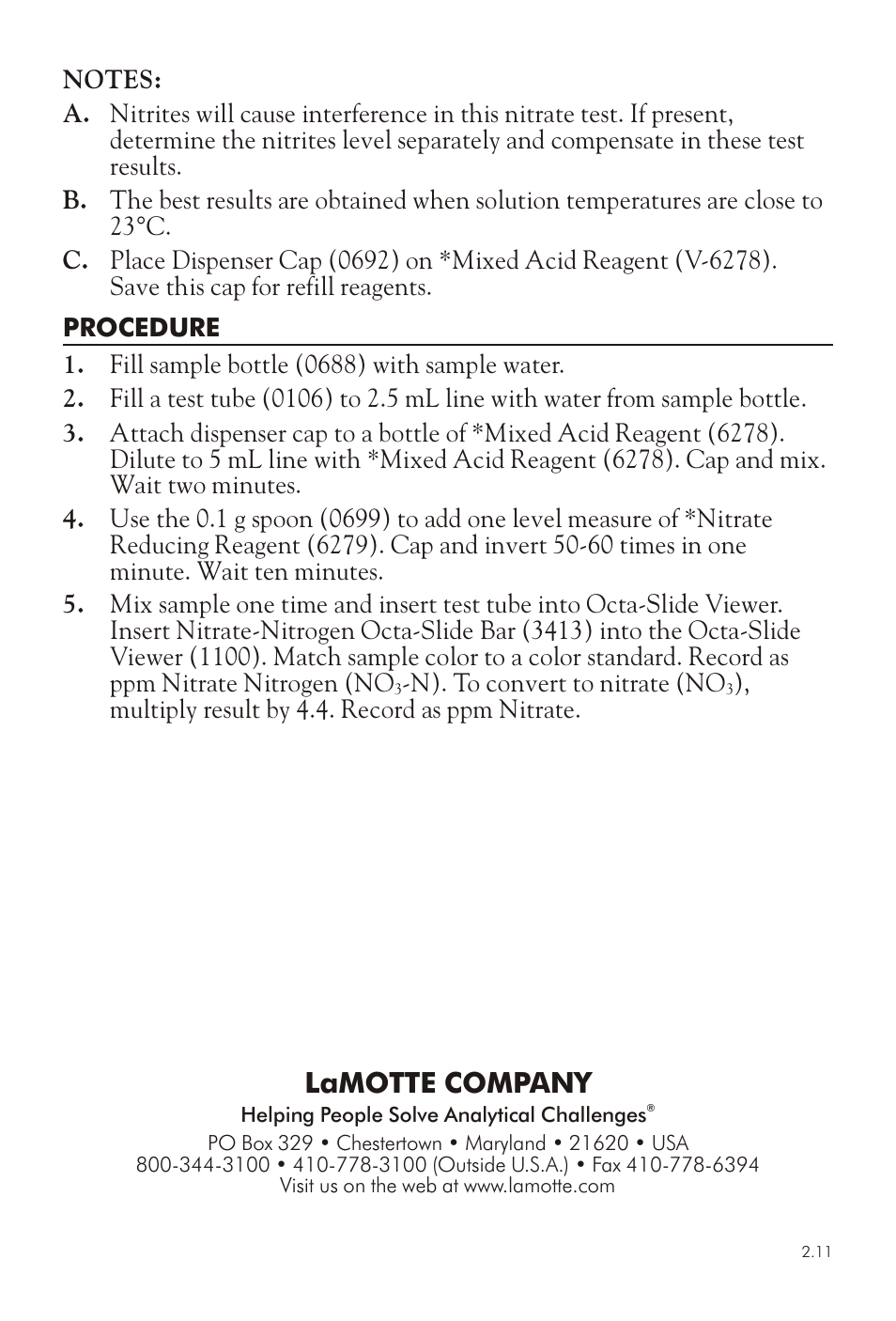 Lamotte com pany | LaMotte NITRATE IN WATER TEST KIT SL-NCR User Manual | Page 2 / 2