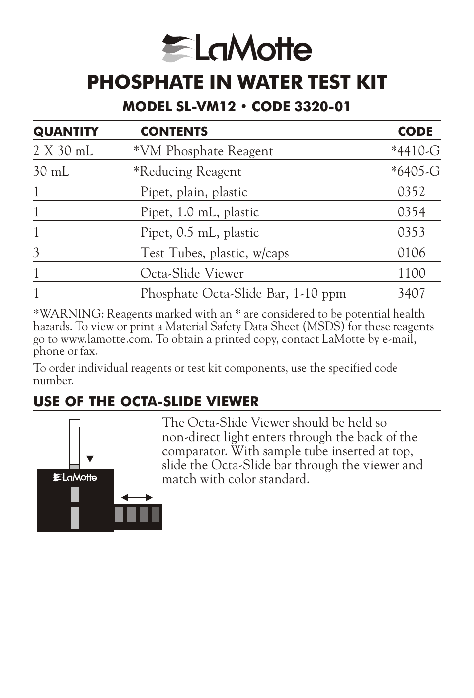 LaMotte PHOSPHATE IN WATER TEST KIT SL-VM12 User Manual | 4 pages