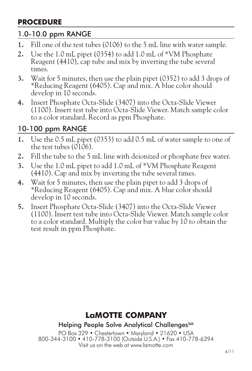Lamotte company | LaMotte PHOSPHATE IN WATER TEST KIT SL-VM12 User Manual | Page 2 / 4
