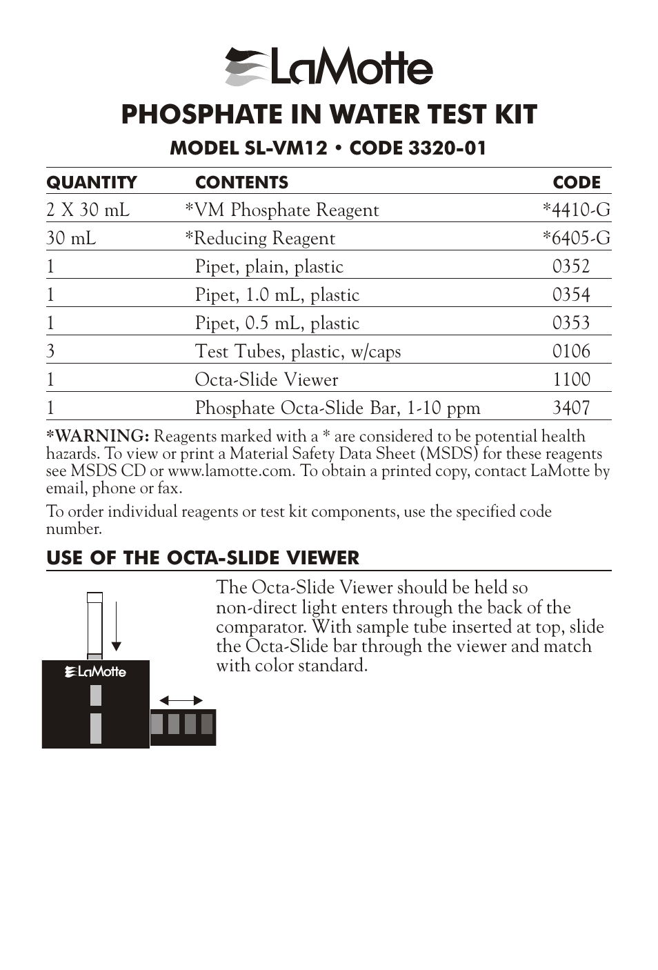 L mott, Phos phate in wa ter test kit | LaMotte PHOSPHATE IN WATER TEST KIT SL-VM12 User Manual | Page 3 / 4