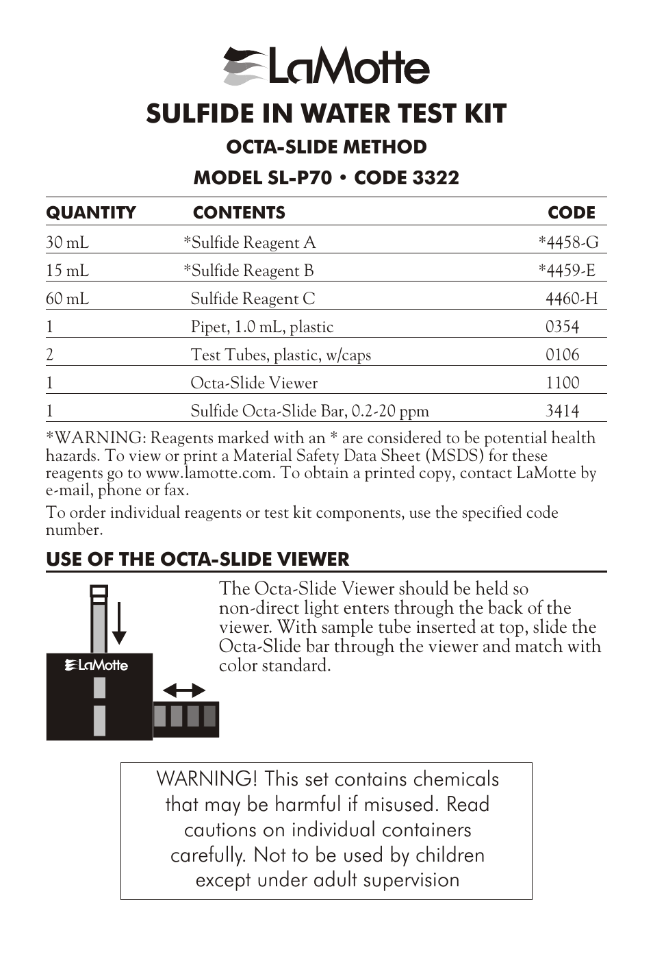 LaMotte SULFIDE IN WATER TEST KIT SL-P70 User Manual | 4 pages