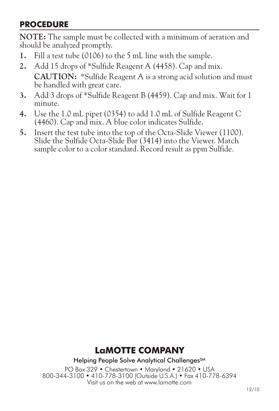 Lamotte com pany | LaMotte SULFIDE IN WATER TEST KIT SL-P70 User Manual | Page 2 / 4