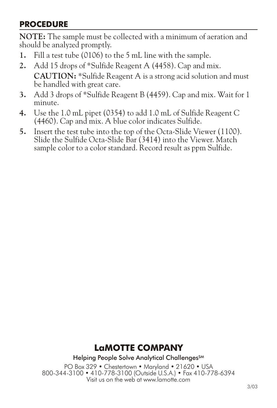 Lamotte com pany | LaMotte SULFIDE IN WATER TEST KIT SL-P70 User Manual | Page 4 / 4