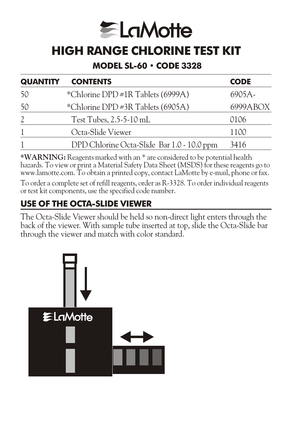 LaMotte HIGH RANGE CHLORINE TEST KIT SL-60 User Manual | 2 pages