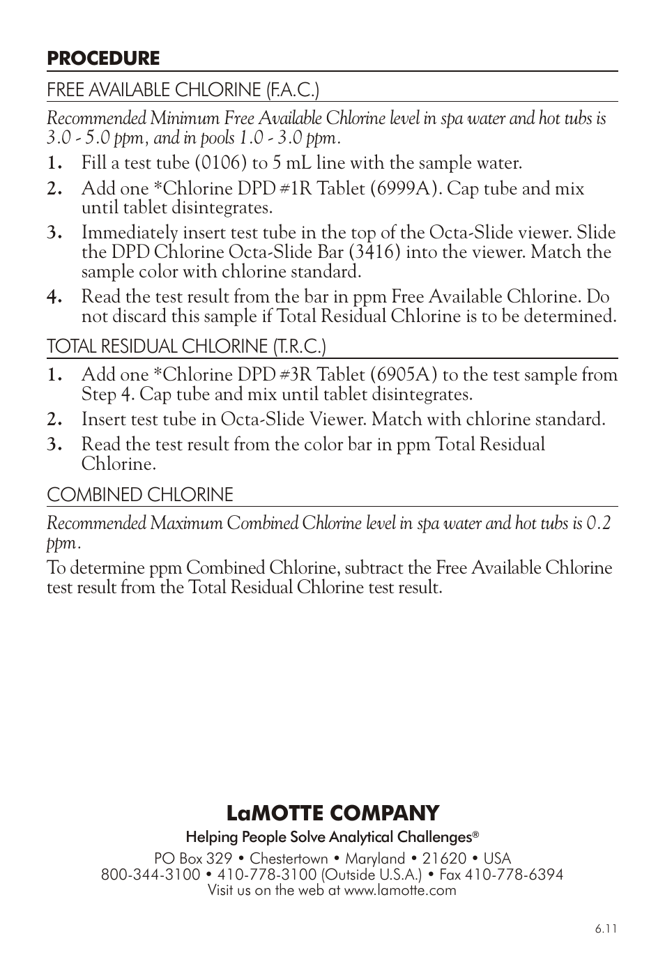 Lamotte com pany | LaMotte HIGH RANGE CHLORINE TEST KIT SL-60 User Manual | Page 2 / 2