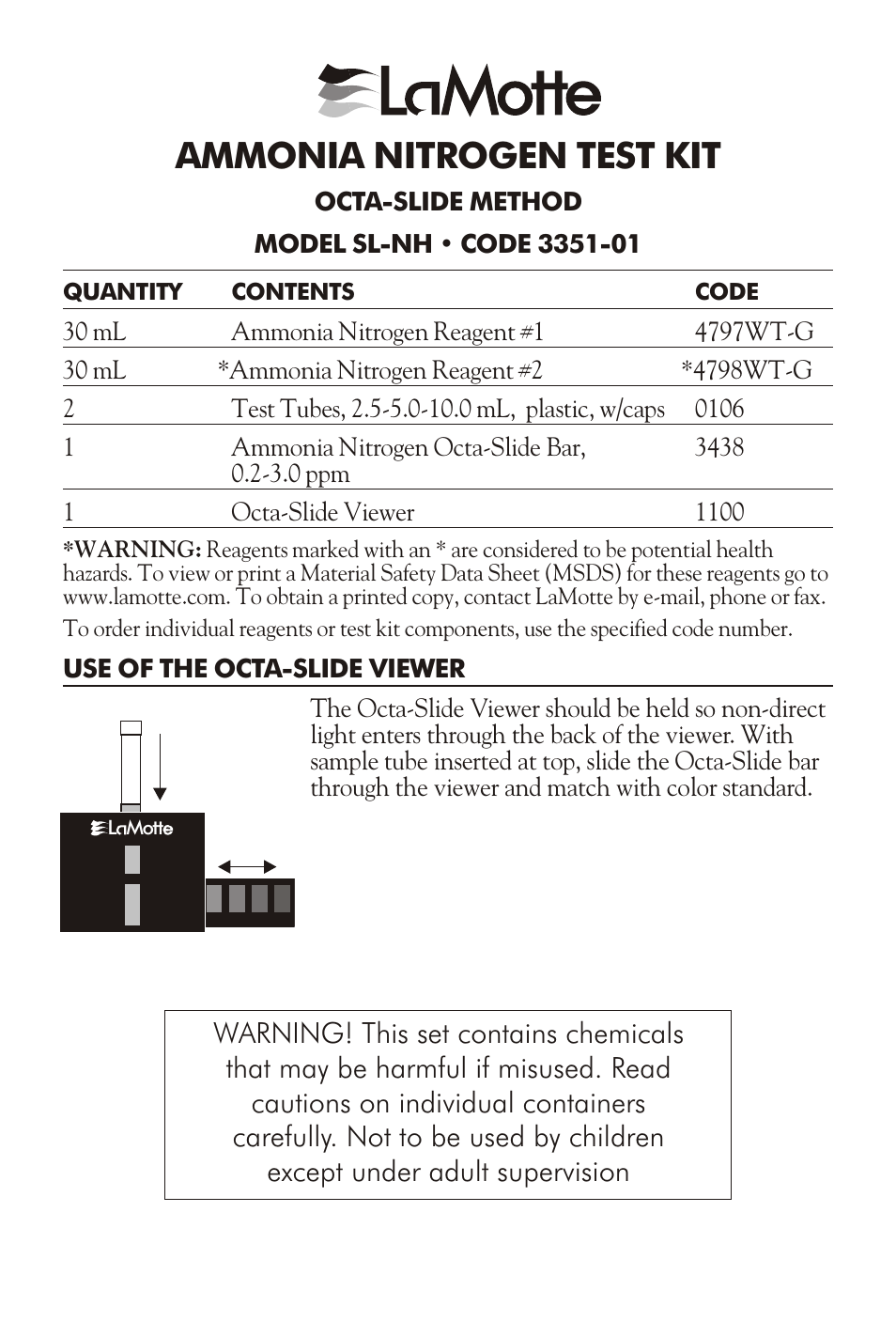 LaMotte AMMONIA NITROGEN TEST KIT SL-NH User Manual | 4 pages