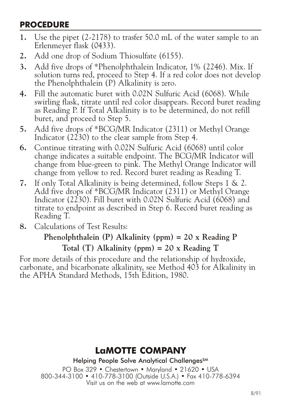 Lamotte com pany | LaMotte ALKALINITY TEST KIT User Manual | Page 2 / 2