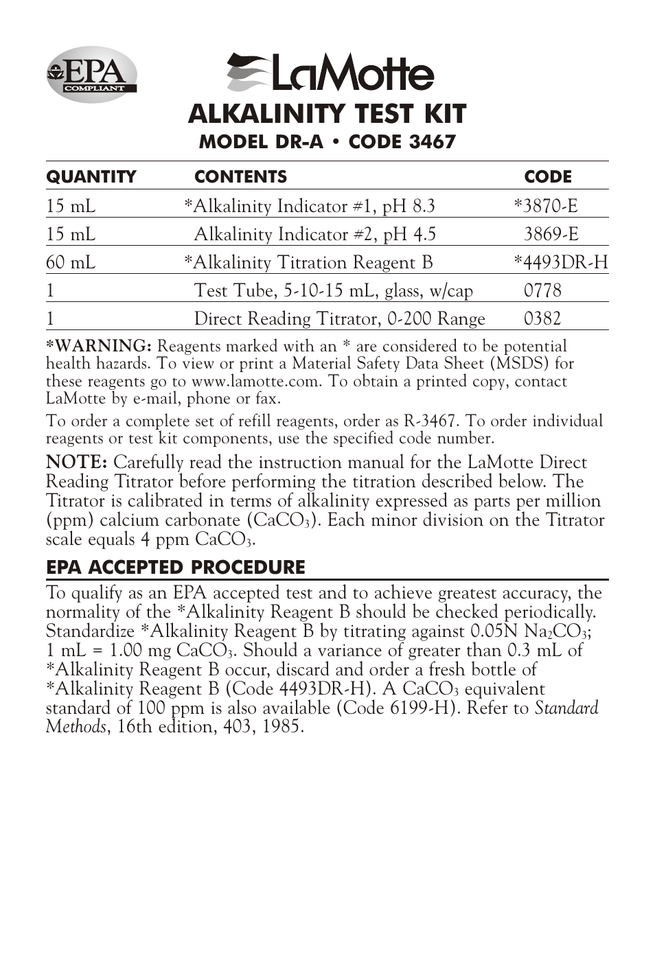 LaMotte ALKALINITY TEST KIT DR-A User Manual | 4 pages