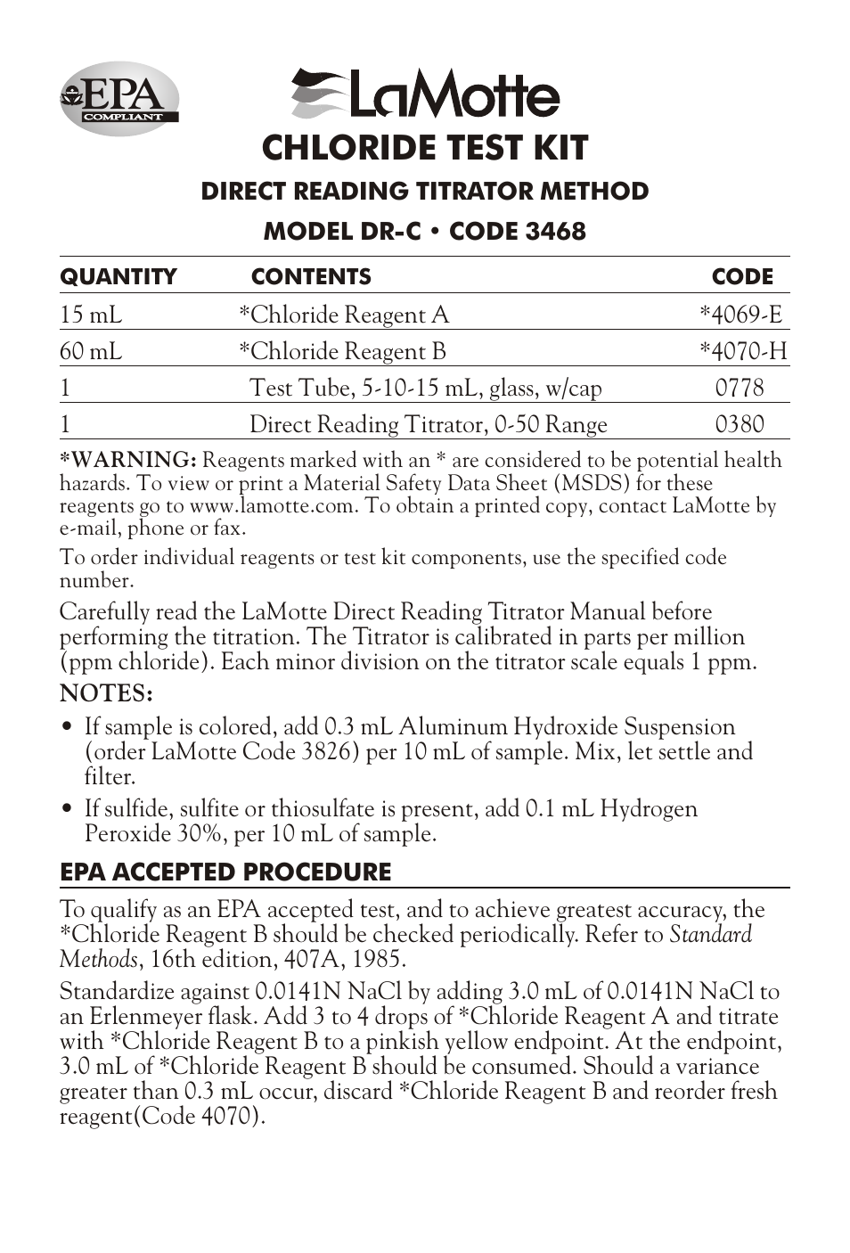 LaMotte CHLORIDE TEST KIT DR-C User Manual | 4 pages