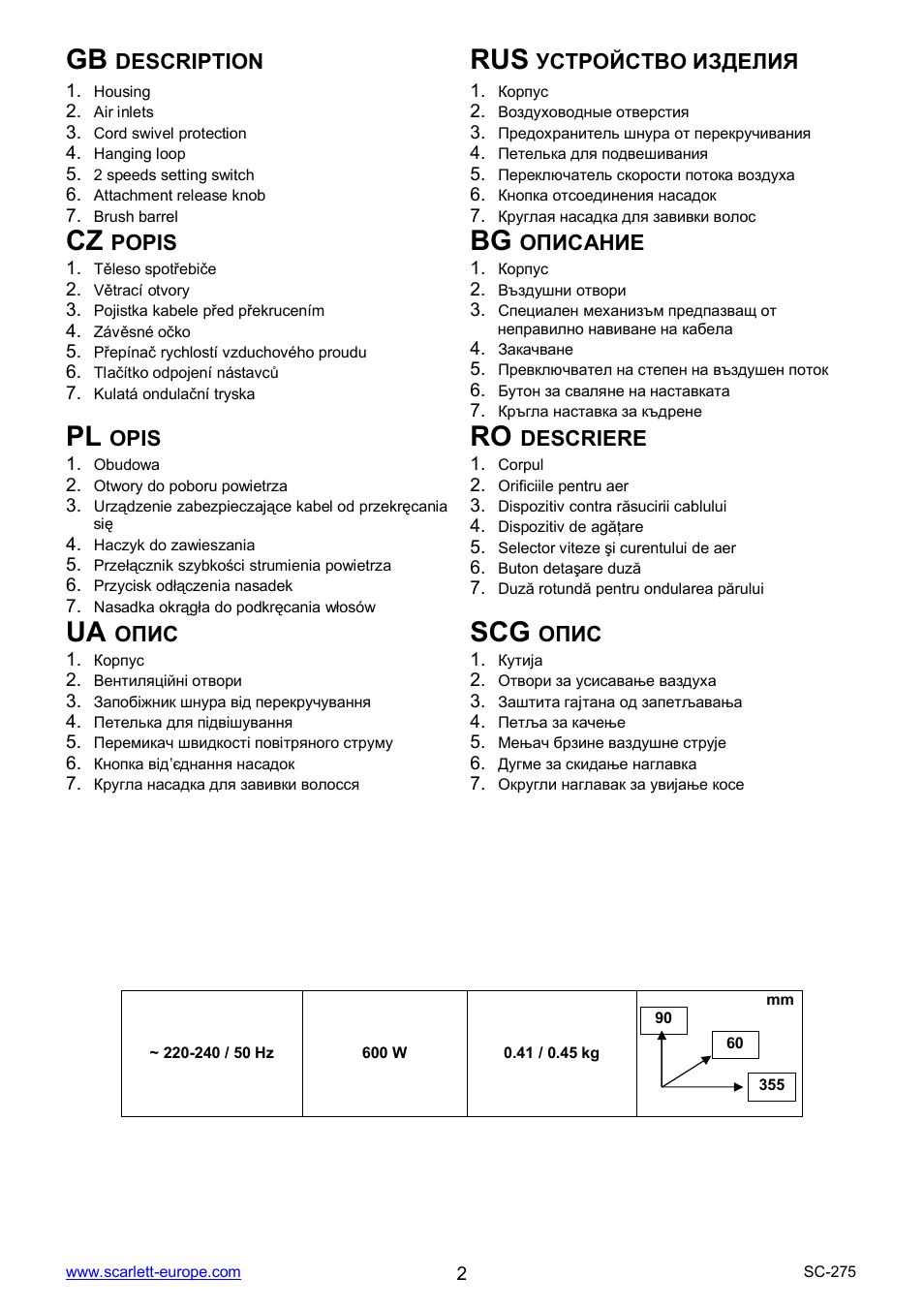 Ua scg | Scarlett SC-275 User Manual | Page 2 / 14