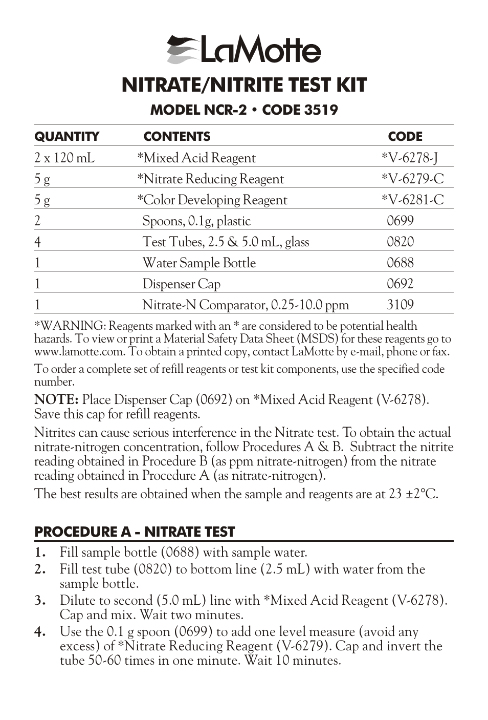 LaMotte NITRATE/NITRITE TEST KIT NCR-2 User Manual | 2 pages