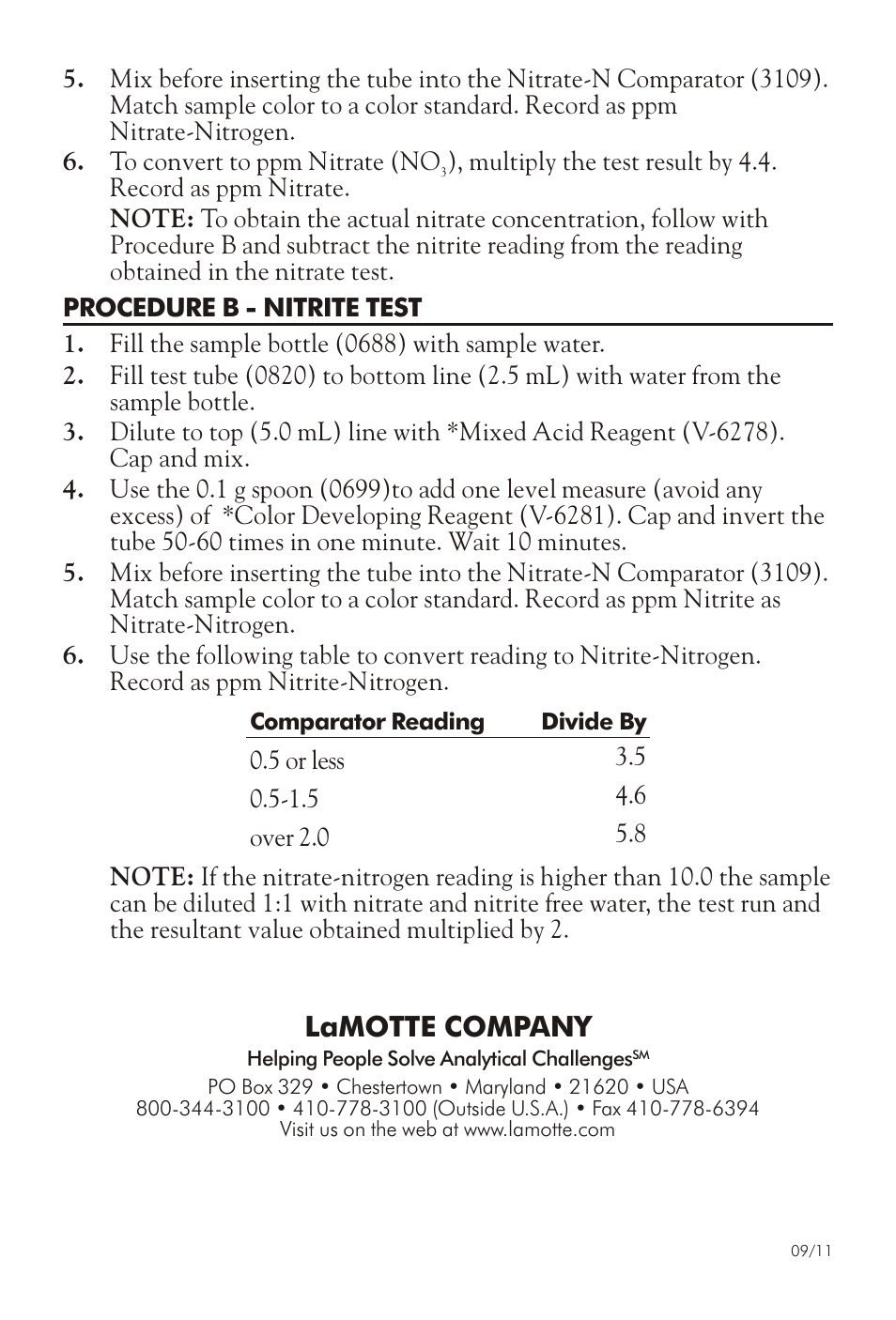 Lamotte com pany | LaMotte NITRATE/NITRITE TEST KIT NCR-2 User Manual | Page 2 / 2