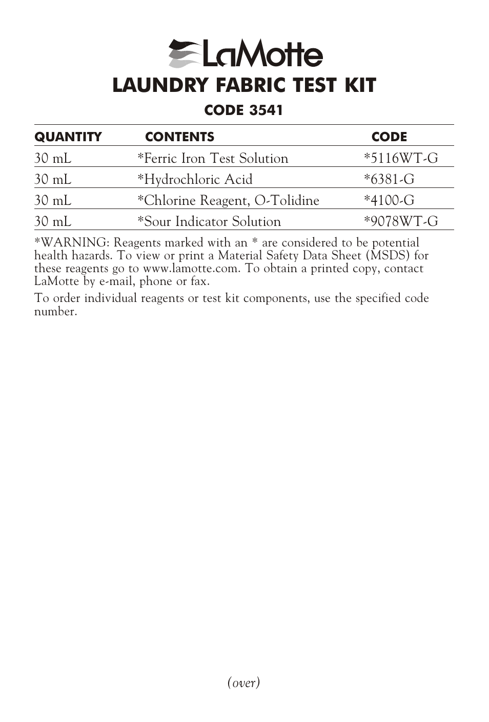 LaMotte LAUNDRY FABRIC TEST KIT User Manual | 2 pages