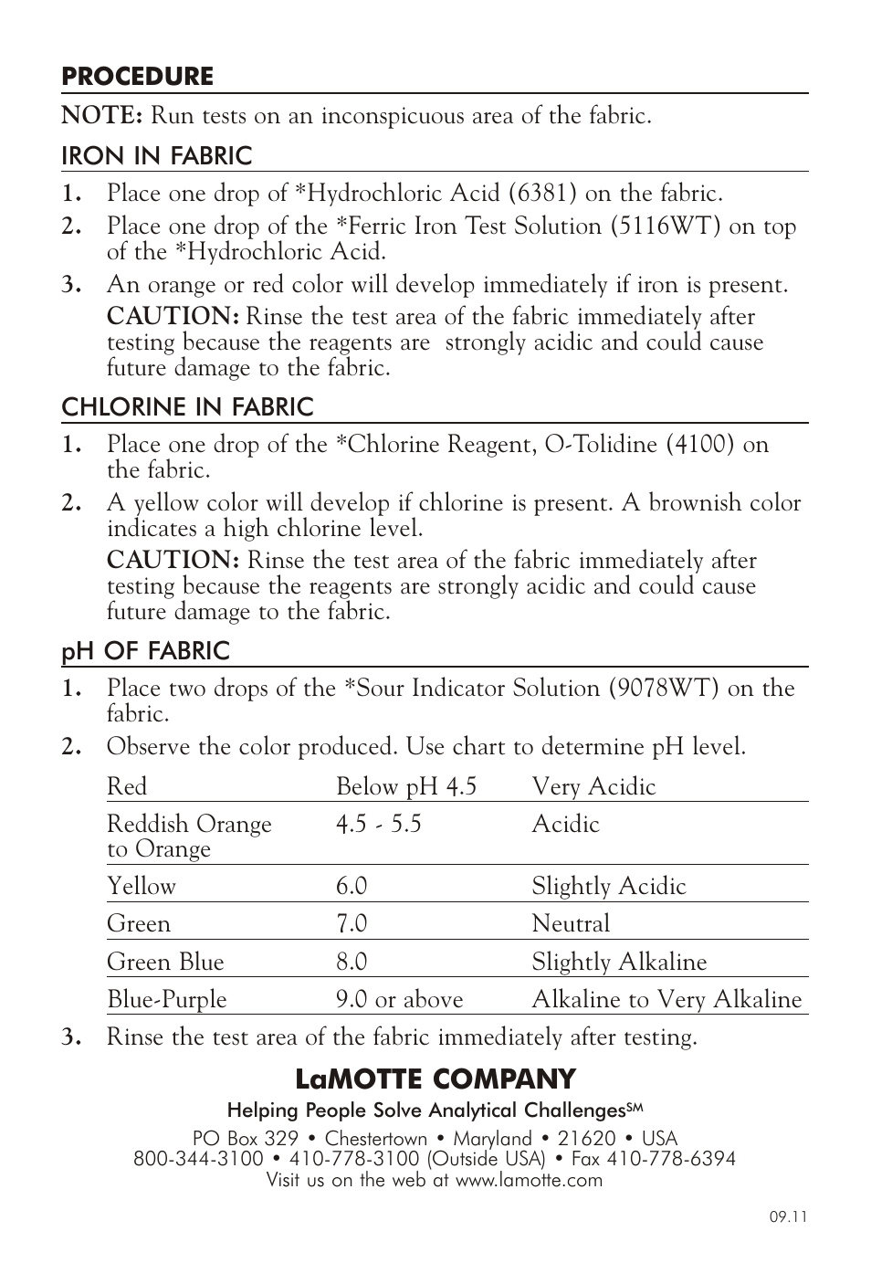 Lamotte com pany | LaMotte LAUNDRY FABRIC TEST KIT User Manual | Page 2 / 2