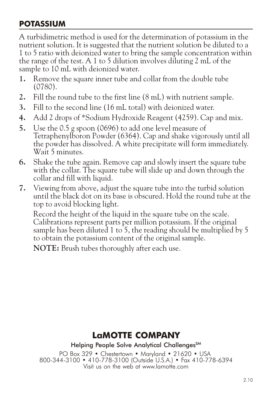 Lamotte com pany | LaMotte HYDROPONICS TEST KIT HP-1 User Manual | Page 4 / 4