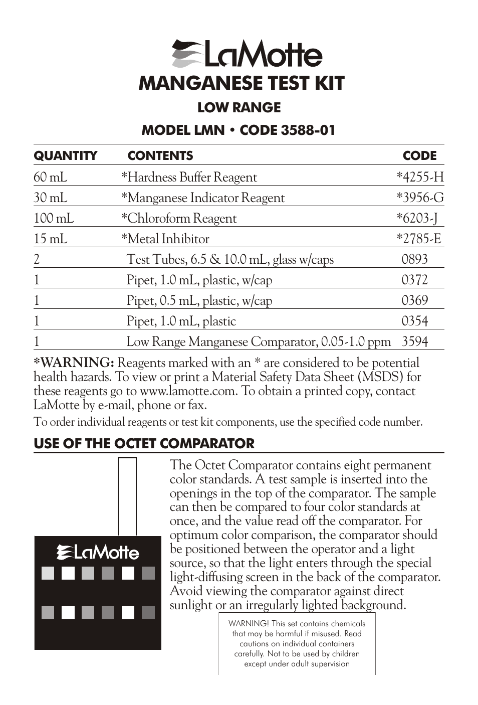 LaMotte MANGANESE TEST KIT LMN User Manual | 2 pages