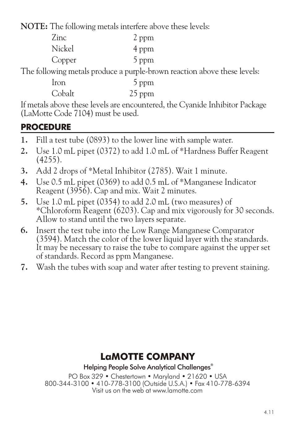 Lamotte com pany | LaMotte MANGANESE TEST KIT LMN User Manual | Page 2 / 2