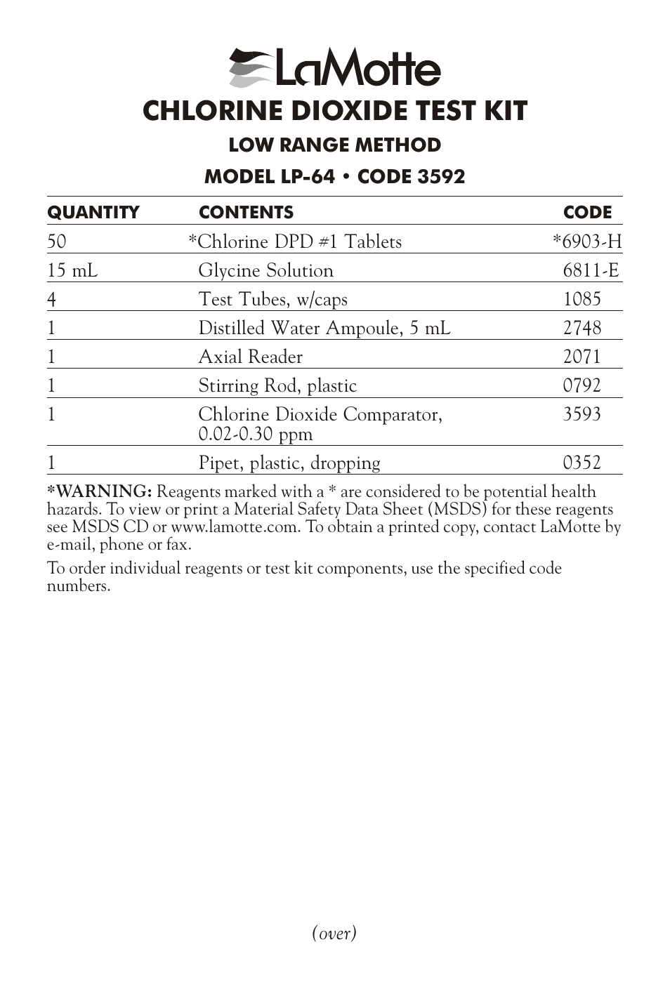 LaMotte CHLORINE DIOXIDE TEST KIT LP-64 User Manual | 2 pages