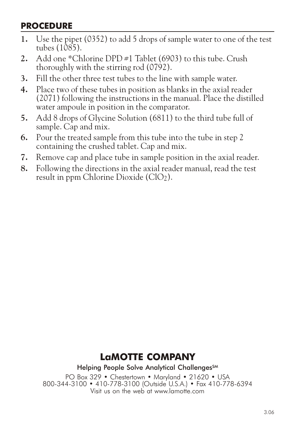 Lamotte company | LaMotte CHLORINE DIOXIDE TEST KIT LP-64 User Manual | Page 2 / 2