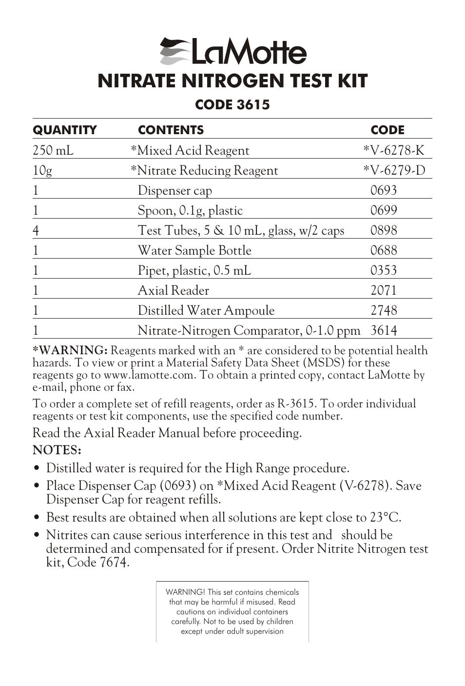 LaMotte NITRATE NITROGEN TEST KIT User Manual | 2 pages