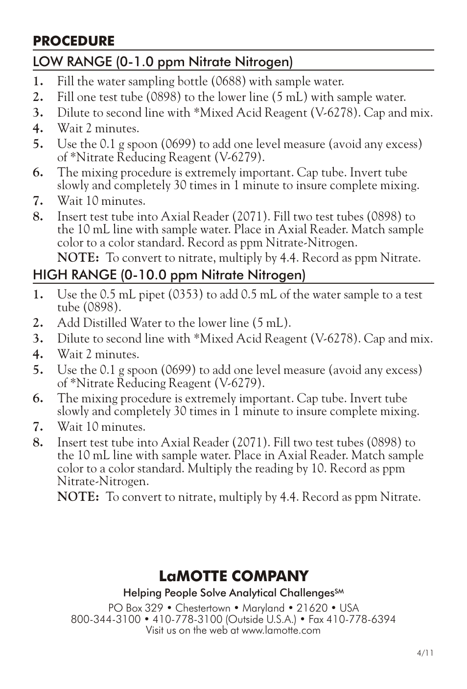 Lamotte com pany | LaMotte NITRATE NITROGEN TEST KIT User Manual | Page 2 / 2