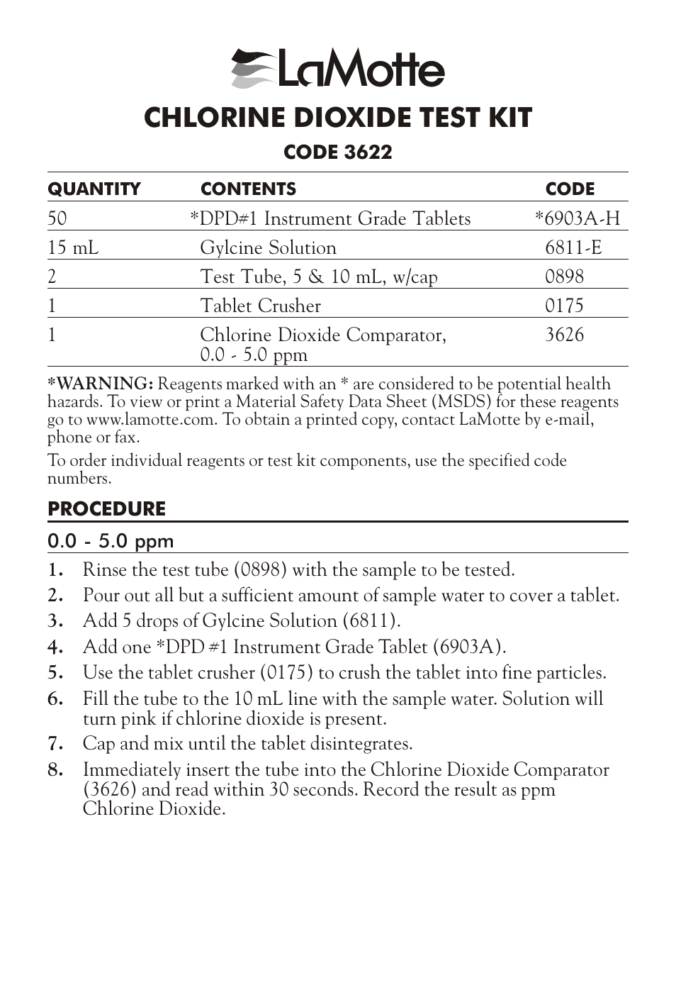 LaMotte CHLORINE DIOXIDE TEST KIT User Manual | 3 pages