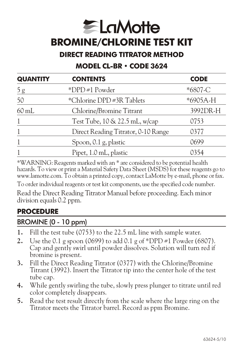 LaMotte BROMINE/CHLORINE TEST KIT CL-BR User Manual | 3 pages