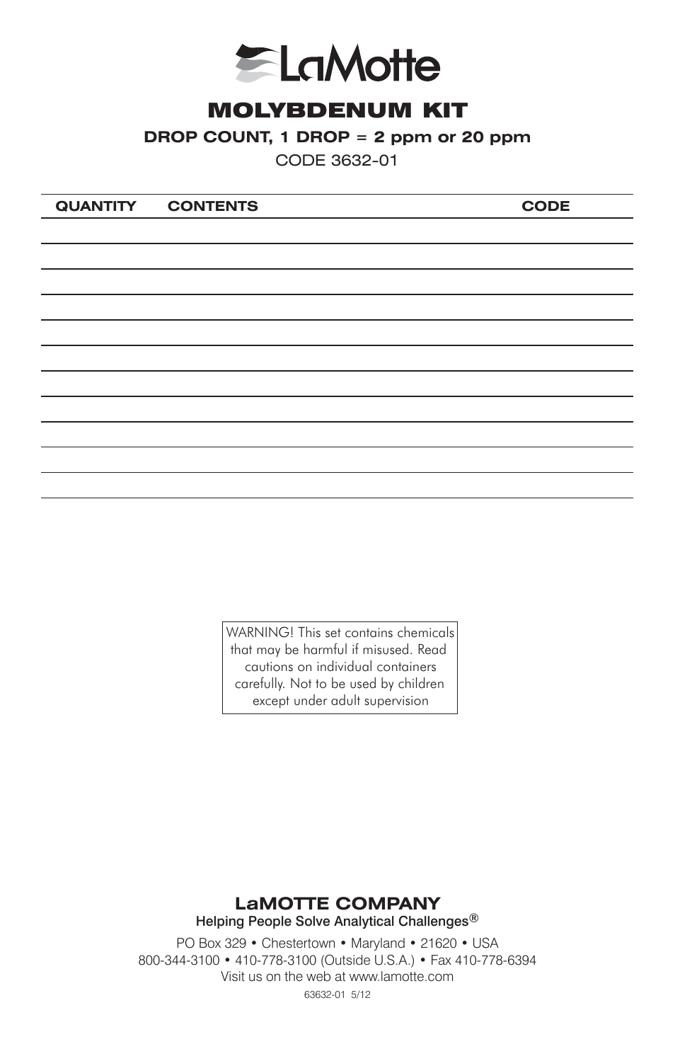 LaMotte MOLYBDENUM KIT User Manual | 2 pages