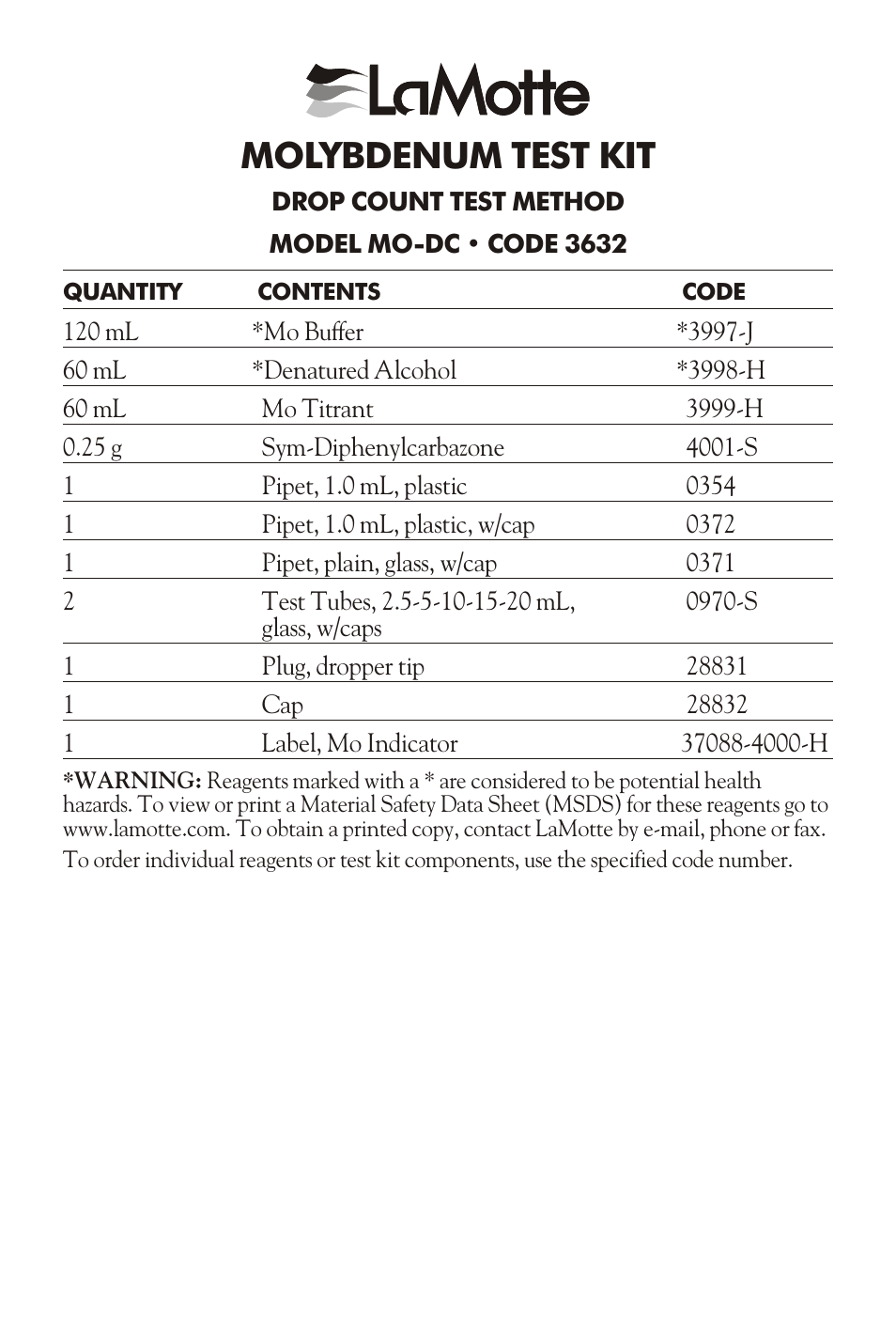 LaMotte MOLYBDENUM TEST KIT MO-DC User Manual | 4 pages