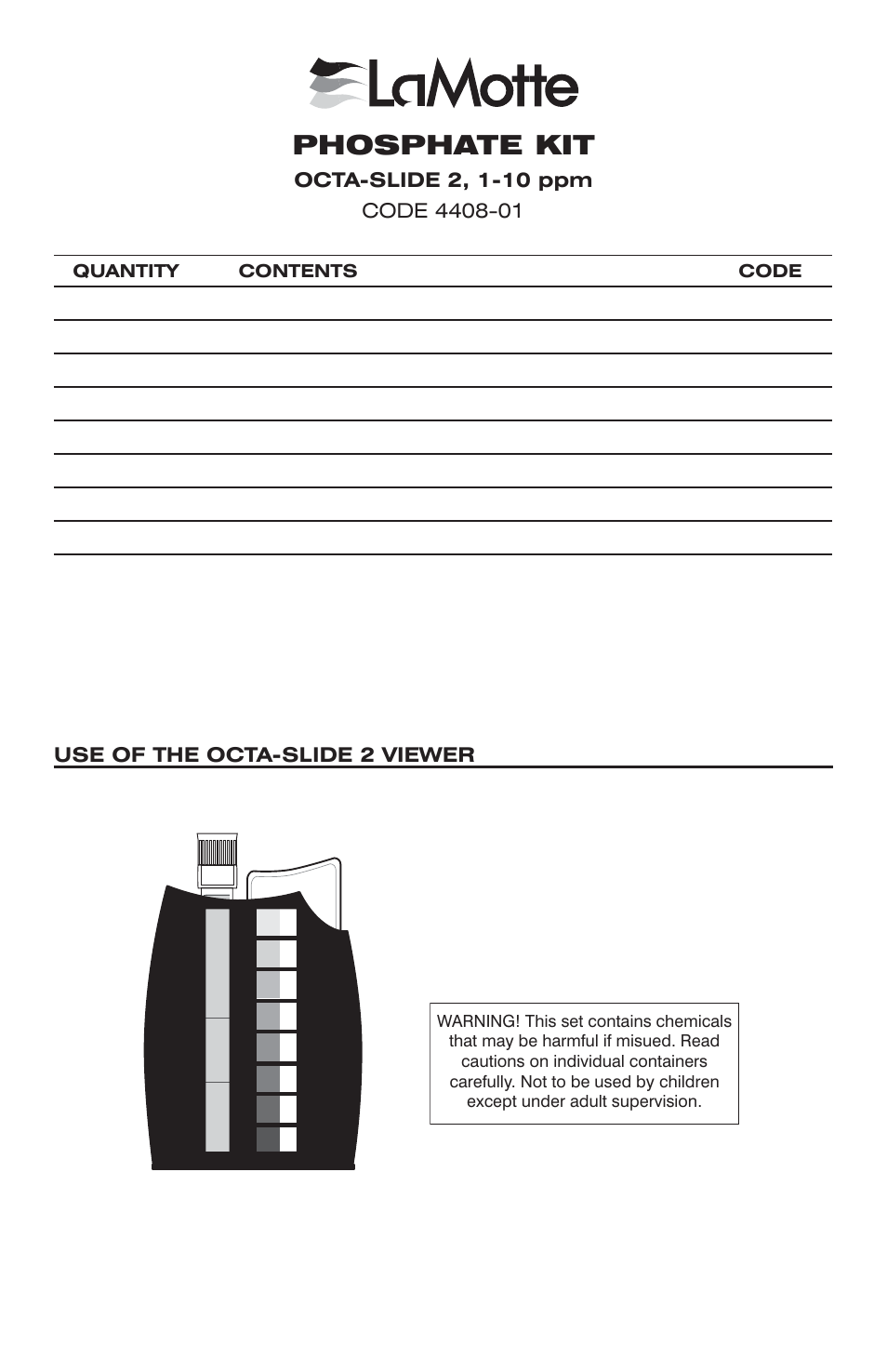 LaMotte PHOSPHATE KIT OCTA-SLIDE 2, 1-10 ppm User Manual | 2 pages