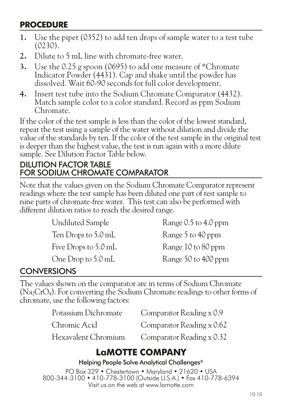 Lamotte com pany | LaMotte CHROMATE TEST KIT LSC User Manual | Page 2 / 2