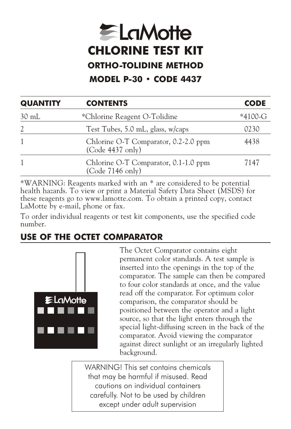 LaMotte CHLORINE TEST KIT P-30 User Manual | 2 pages