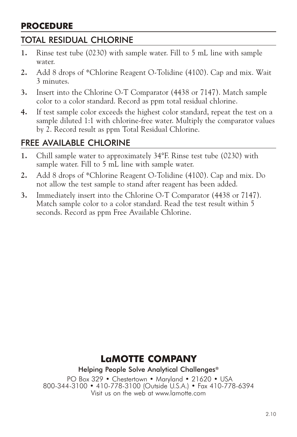 Lamotte com pany | LaMotte CHLORINE TEST KIT P-30 User Manual | Page 2 / 2