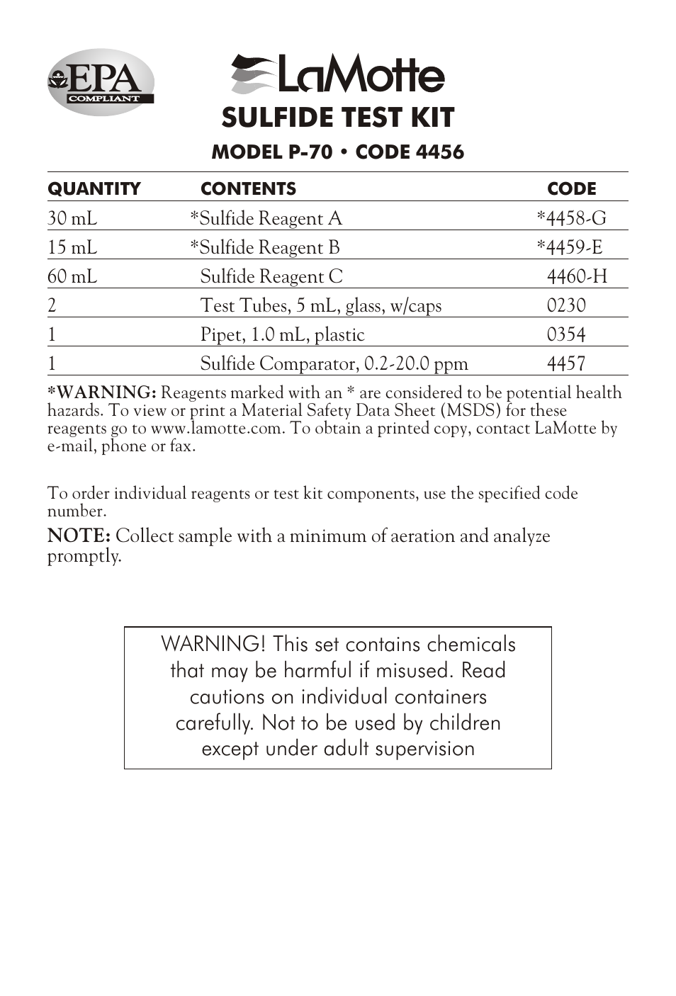 LaMotte SULFIDE TEST KIT P-70 User Manual | 2 pages