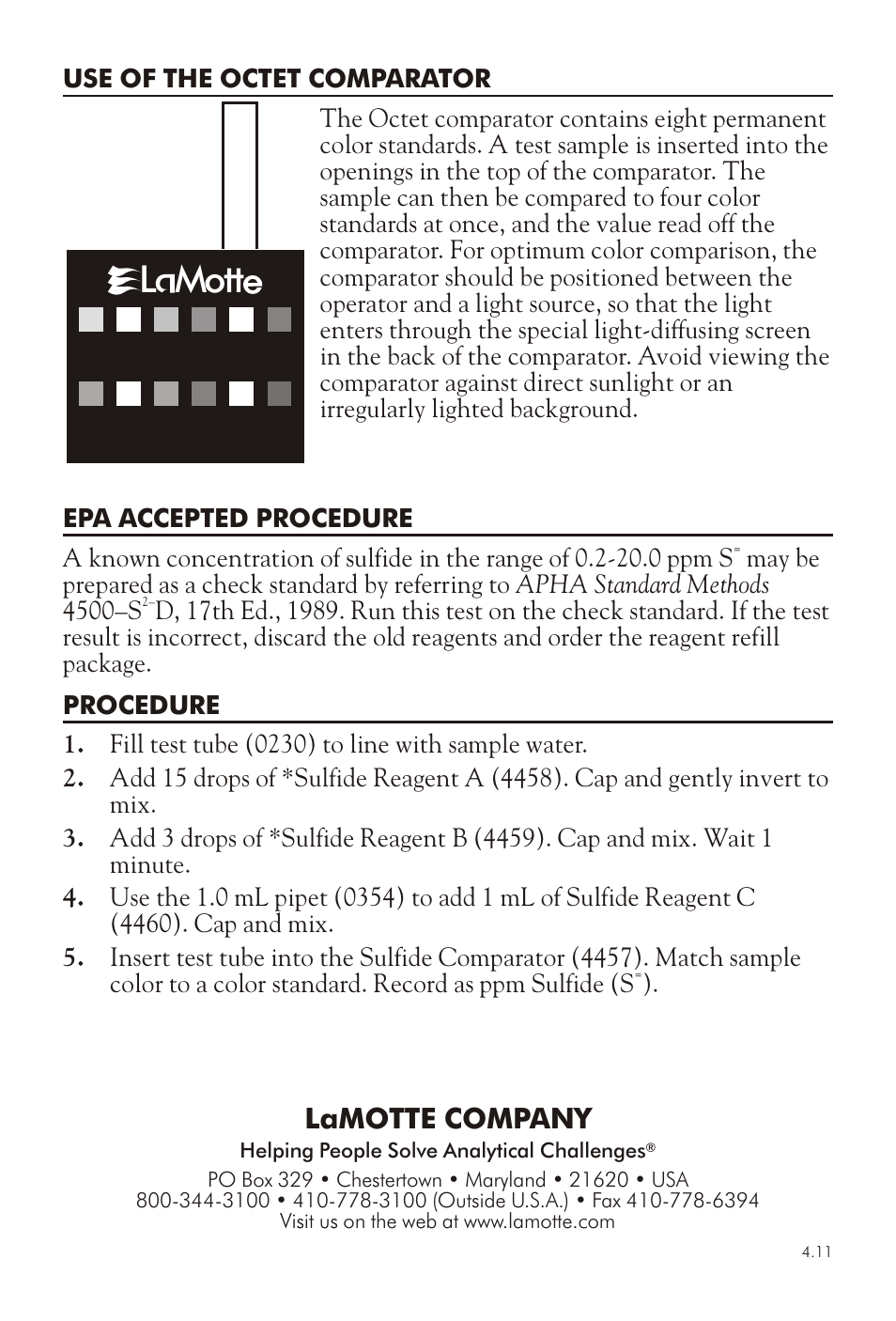 L mott, Lamotte com pany | LaMotte SULFIDE TEST KIT P-70 User Manual | Page 2 / 2