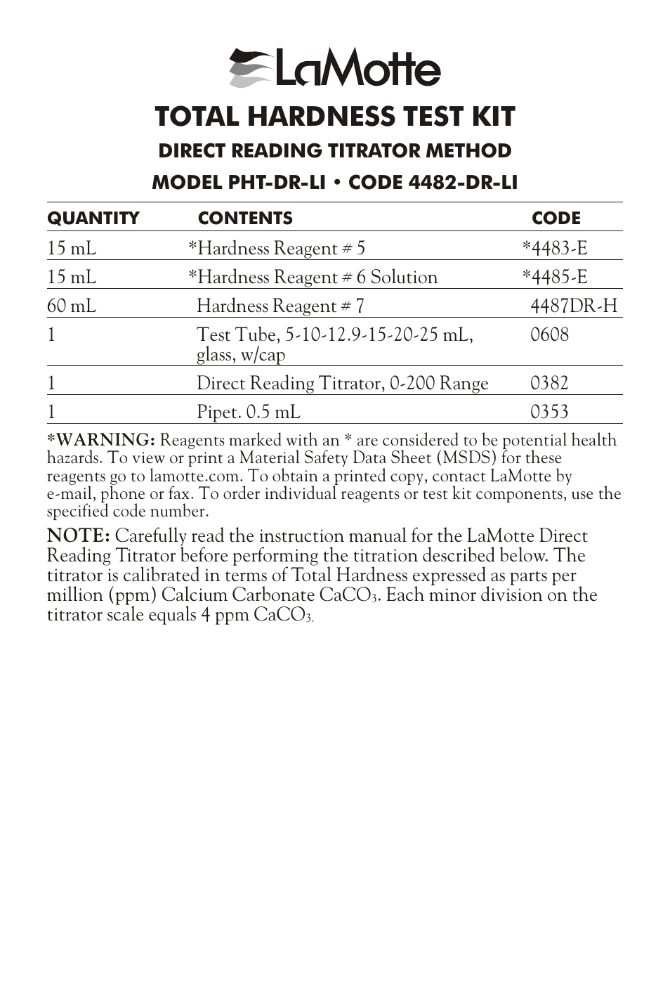 LaMotte TOTAL HARD NESS TEST KIT PHT-DR-LI User Manual | 2 pages