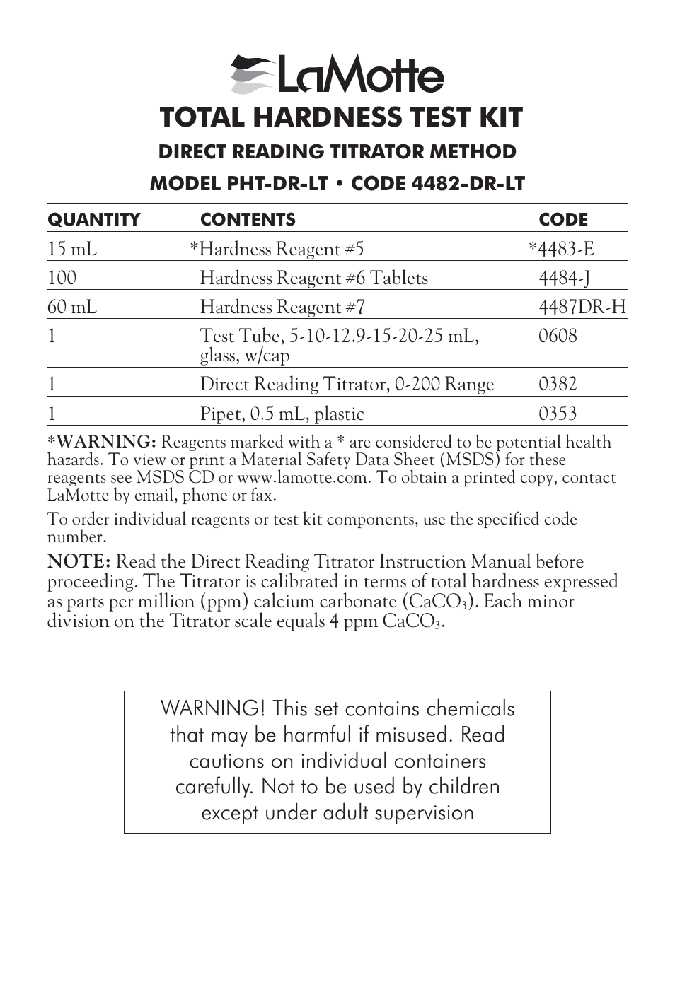 LaMotte TOTAL HARDNESS TEST KIT PHT-DR-LT User Manual | 2 pages