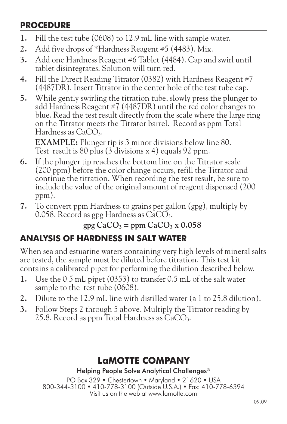 Lamotte company | LaMotte TOTAL HARDNESS TEST KIT PHT-DR-LT User Manual | Page 2 / 2