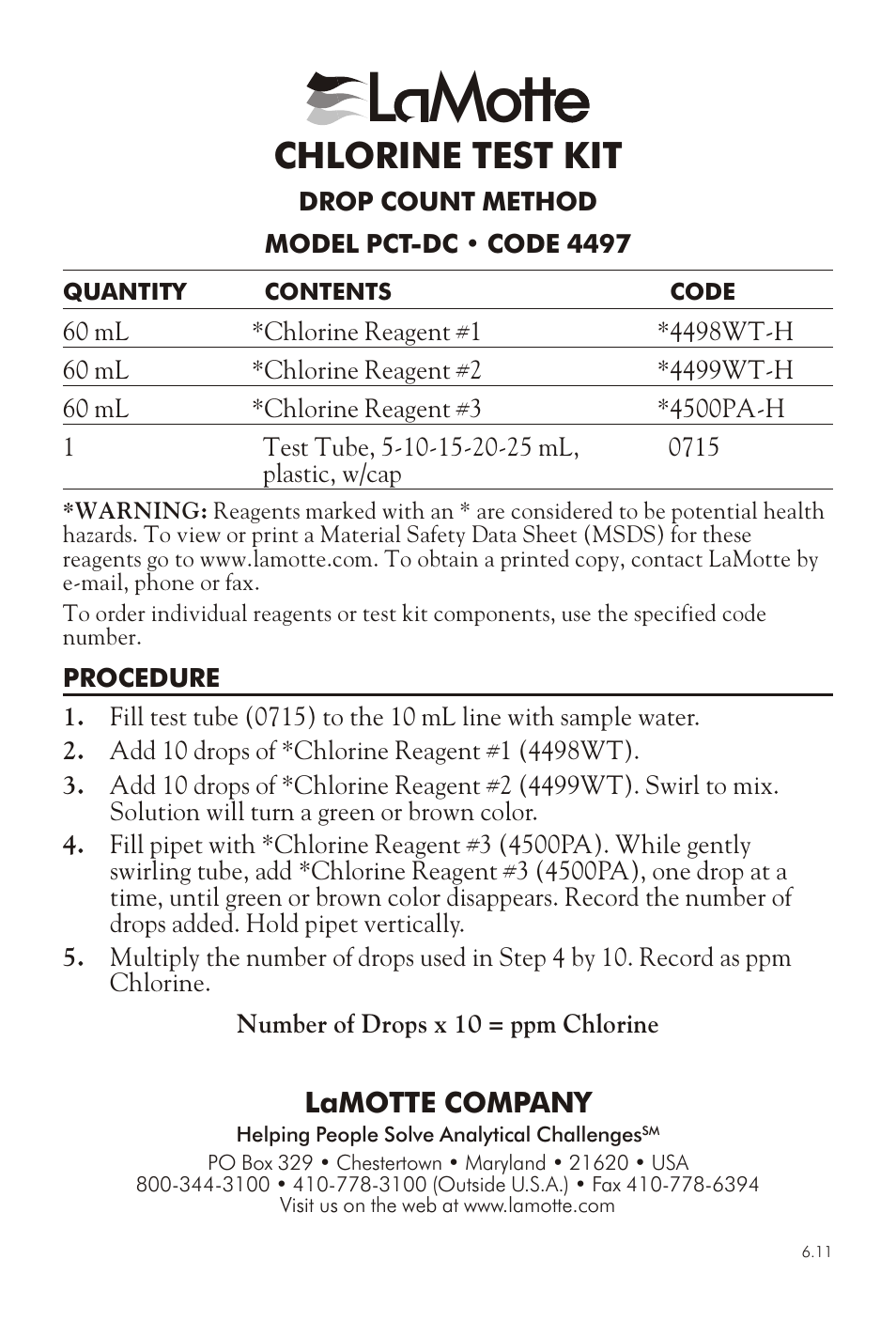 LaMotte CHLORINE TEST KIT PCT-DC User Manual | 2 pages