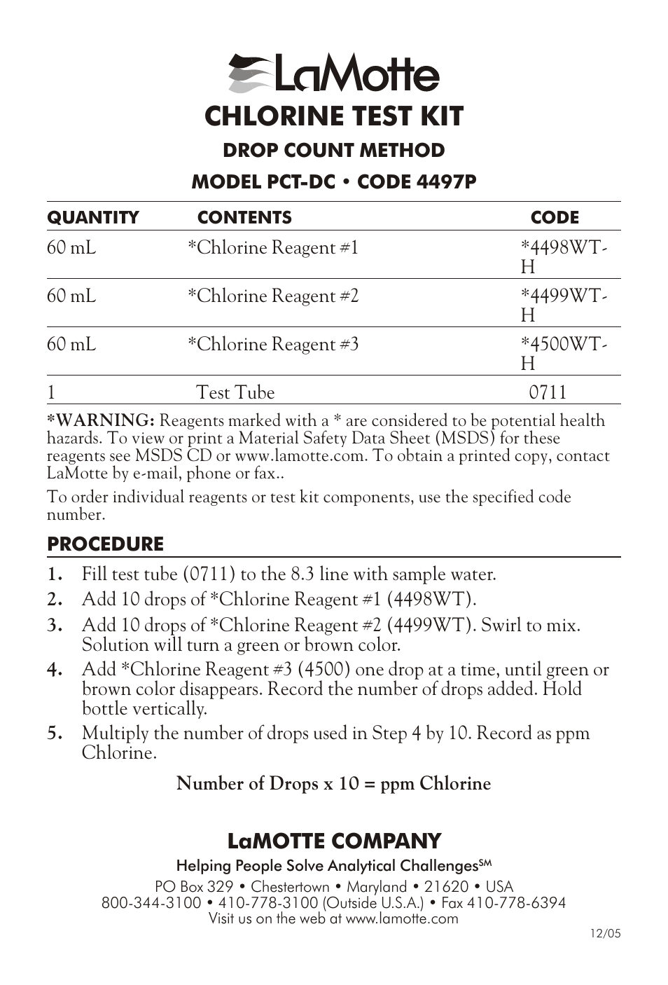 LaMotte CHLORINE TEST KIT PCT-DC User Manual | 3 pages