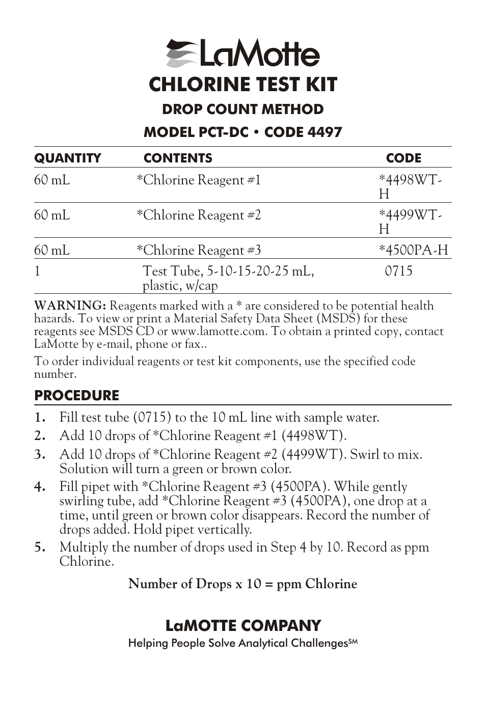 L mott, Chlo rine test kit | LaMotte CHLORINE TEST KIT PCT-DC User Manual | Page 2 / 3