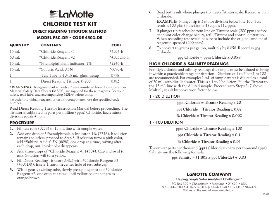 LaMotte CHLORIDE TEST KIT PSC-DR User Manual | 2 pages